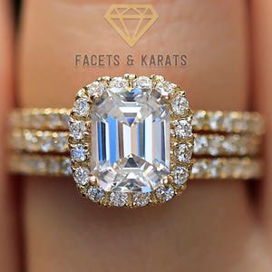 3 ctw Emerald Cut Engagement Ring Bridal Set Wedding Band Solid 14k Yellow Gold Lab Created Man Made Simulated Diamonds image 3