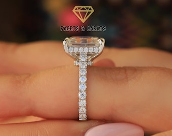 5ct Emerald Cut Moissanite Engagement Ring With Hidden Halo, 11x9mm Emerald Cut Moissanite Ring, 14K White Gold, Yellow Gold or Rose Gold