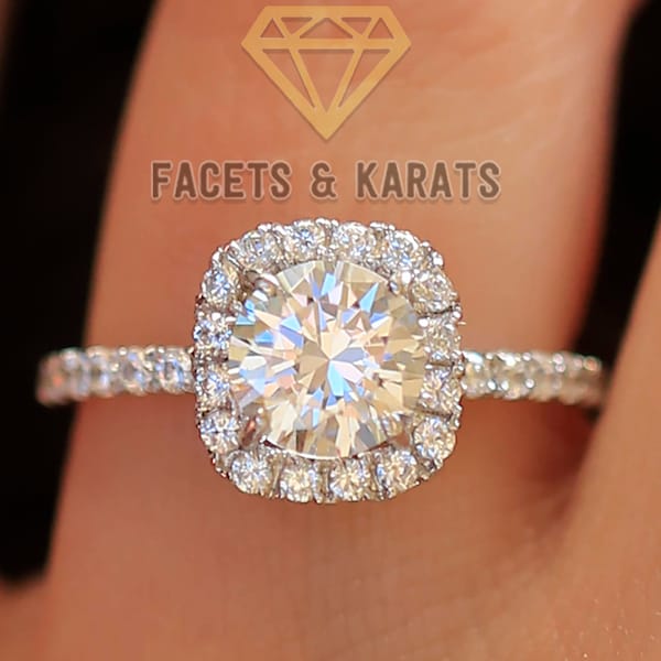 Anello di fidanzamento con diamante da laboratorio IGI da 2 carati, anello nuziale con alone taglio rotondo su oro bianco massiccio 10k o 14k, diamante di laboratorio o moissanite