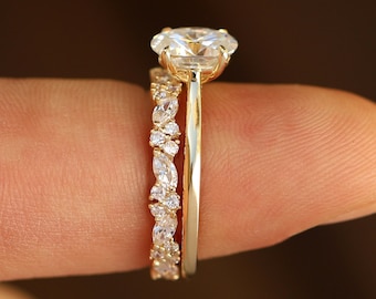 Oval Moissanite Engagement Ring Set, Bridal Ring Set, 14K Gold, Oval Solitaire Ring & Unique Marquise Moissanite Band Wedding Set For Women