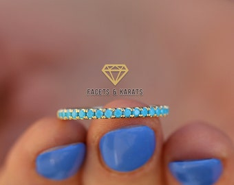 Solid 18K Yellow Gold Turquoise Wedding Band Womens Wedding Ring in Half eternity by Facets and Karats on Etsy