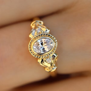 Bezel Set Oval Moissanite Engagement Ring, Unique Vintage Oval Moissanite Ring, Beaded Bezel Set With Filigree, 14K White, Yellow, Rose Gold