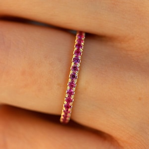 Solid 14K Yellow Gold Ruby Ring, Ruby Wedding Band For Women With 1.5mm Stones in Half Eternity, Available in White Gold and Rose Gold