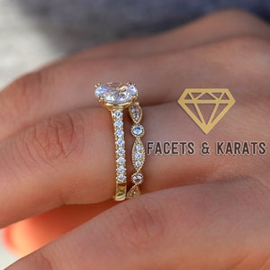 1 Carat Vintage Oval Engagement Ring Set With Wedding Band 14k Solid Yellow Gold or White Gold or Rose Gold by Facets and Karats on Etsy