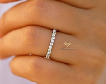 3/4 Moissanite Wedding Band Womens 14K White Gold 1.5mm Pave Wedding Ring Ladies Solid Gold Band Available in Yellow Gold and Rose Gold