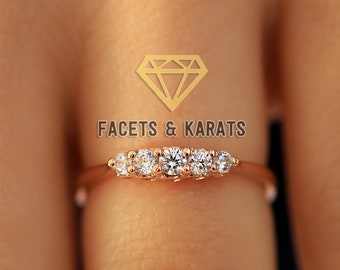 18K Solid Rose Gold Promise Ring For Her Gift For Wife, Dainty Handmade 5 Stone Anniversary Ring, Engraved Gold Ring, by Facets and Karats