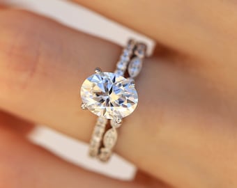 Art Deco Oval Moissanite Engagement Ring Set, Unique Wedding Set, Vintage Bridal Ring Set, Women's Wedding Ring Set, 14K Solid White Gold
