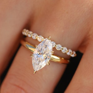 1.5ct Marquise Moissanite Ring & Wedding Band Wedding Ring Set, Moissanite Solitaire Marquise Engagement Ring Set, Bridal Set 14K Solid Gold