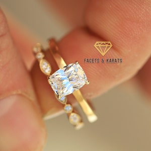 Custom Made Elongated Cushion Cut Engagement Ring & Art Deco Wedding Band Solitaire Wedding Ring Set of 2 For Women, 14K Solid Yellow Gold