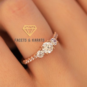 Three Stone Moissanite Engagement Ring, Past Present Future Moissanite Ring, 14K Rose Gold 3 Stone Promise Ring, Anniversary Ring For Women