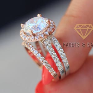 5 Carat Two Tone Wedding Ring Set of 3 Rings Engagement Ring with Wedding Bands Rose Gold White Gold Halo Bridal Ring Set by Facets & Karats