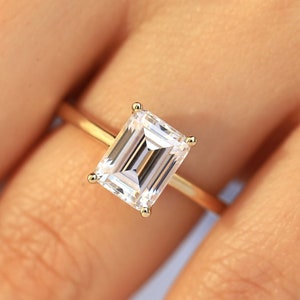 Emerald Cut Moissanite Engagement Ring, 2.5 Carat 9x7mm Emerald Cut Solitaire Ring, 14K Solid Yellow Gold Minimalist Wedding Ring For Women