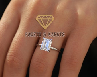 2.5 Carat Emerald Cut Solitaire Engagement Ring Set in 14K Solid White Gold Available in Rose Gold, Yellow Gold by Facets & Karats on Etsy