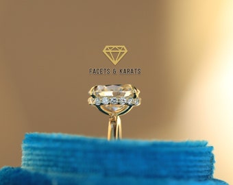 14K massief gouden ring, verborgen halo verlovingsring, langwerpige ovale ring, gesimuleerde diamanten ring damesbeloftering voor haar, facetten en karaat