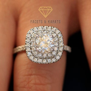 2 Carat Round Double Halo Engagement Ring, Wedding Bridal Ring Set in Solid 14k White Gold Lab Created Man Made Simulated Diamonds