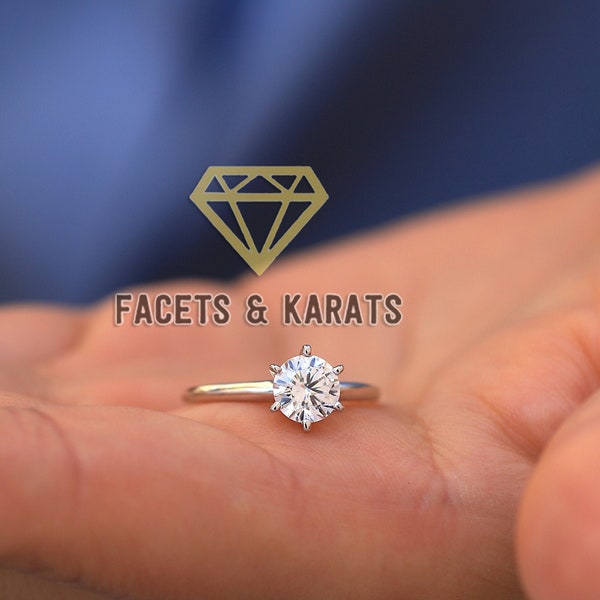 1 Carat Thin Band Solitaire Engagement Ring Round Brilliant Cut Set in 14K Solid White Gold Available Yellow and Rose Gold Facets & Karats