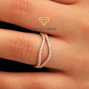 Womens Curved Wedding Band Set of 2, 14K Solid Rose Gold, Available in White Gold and Yellow Gold, Simulated Diamonds by Facets and Karats