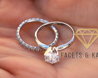 1 Carat Round Cut Solitaire Engagement Ring & 1.0ct Full Eternity Wedding Band Wedding Ring Set in 14K Solid White Gold by Facets and Karats