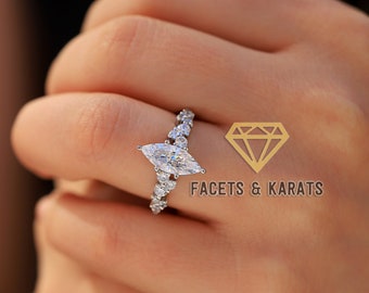 Unique Marquise Engagement Ring With Accent Side Stones 2.80 ct 14K Solid White Gold Available in Rose Gold Yellow Gold by Facets and Karats