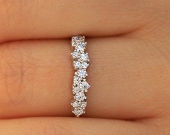 Solid White Gold Lab Diamond or Moissanite Cluster Ring For Her, Anniversary Gift For Wife, Right Hand Ring For Women in 10K or 14K