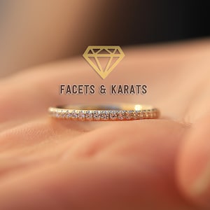 Micro Pave Half Eternity Ring Wedding Band, 14K Solid Real Gold Ring, Simulated Diamond Band, 1.3mm Half Around Wedding Ring Facets & Karats