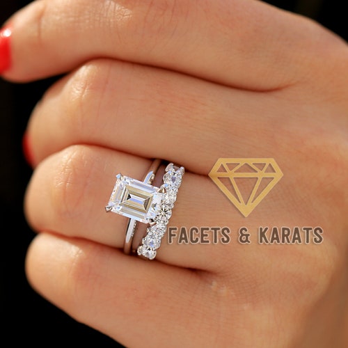 14K SOLID REAL White Gold Emerald Cut Wedding Ring Set Bridal Etsy