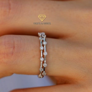 Massiver 14K Weißgold Moissanit Ehering 2er Set, Damen Doppelter passender Ehering für Verlobungsring, Jubiläumsbandset für Sie