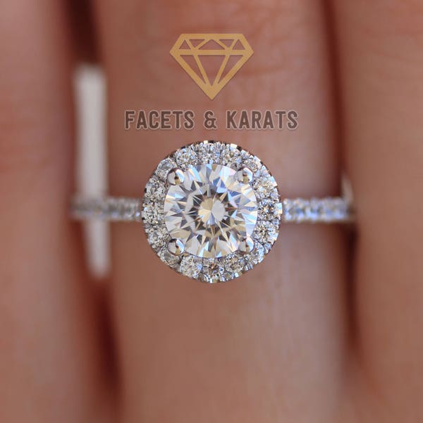 Engagement Ring Round Cut Halo 1.85 CT Handmade Pave Wedding Ring Custom Made Bridal Ring by Facets and Karats Man Made Diamond Simulant