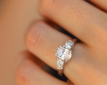 Unique Three Stone Oval Moissanite Engagement Ring Womens Vintage Oval Ring, Bridal Ring, Wedding Ring, 14K White Gold Anniversary Ring
