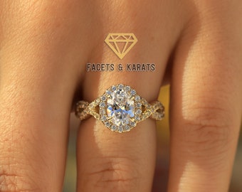 2.5 Carat Oval Engagement Ring Halo Infinity Twisted Wedding Ring, Moissanite Ring, Solid 14K White, Yellow or Rose Gold Women Promise Ring