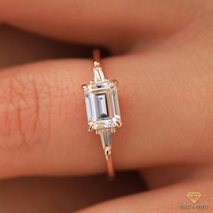 East to West Emerald Cut Moissanite Engagement Ring With Tapered Baguette Diamond Side Stones in 14K Solid White Gold, Yellow Gold or Rose