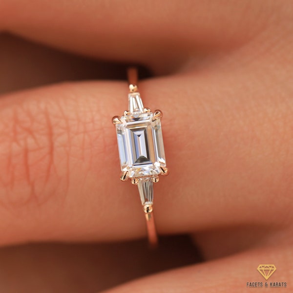 East to West Emerald Cut Moissanite Engagement Ring With Tapered Baguette Diamond Side Stones in 14K Solid White Gold, Yellow Gold or Rose