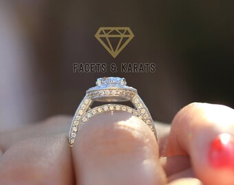 3 Carat Simulated Diamond Engagement Ring 14k Solid White Gold Round Brilliant Cut Halo Wedding Bridal Vintage Ring by Facets and Karats