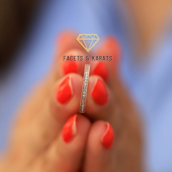 Thin Milgrain Wedding Band Made in 14K Solid Rose Gold OR White Gold and Yellow Gold Half Eternity Simulated Diamond Band by Facets & Karats
