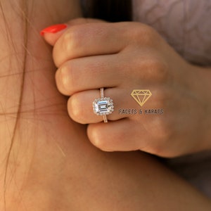 2.2 Carat Emerald Cut Moissanite Engagement Ring Charles and Colvard Forever One Moissanite Ring 14K Rose Gold Anniversary Ring Wedding Ring