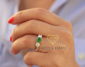 2 Carat Gemstone Engagement Ring Alternative Wedding Ring Green Emerald Ring 14k Heavy Yellow Gold Emerald & Diamond 3 Stone Engagement Ring