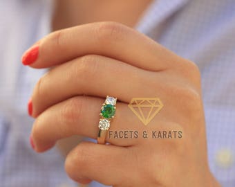 2 karaat edelsteen verlovingsring alternatieve trouwring groene smaragd ring 14k zwaar geelgoud smaragd en diamant 3 stenen verlovingsring