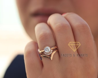 18k Rose Gold Bohemian Engagement Ring With Matching Nesting V Shaped Wedding Band Bridal Set Diamond Alternative Unique Wedding Rings