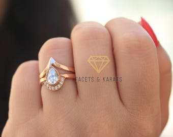 Unique Pear Shaped Engagement Ring Boho Bridal Ring Set V Shaped Chevron Wedding Band in Solid 14k Real Rose Gold Alternative Wedding Rings