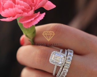 Facets & Karats Emerald Cut Engagement Ring Eternity Wedding Bands Bridal Set Made in 14k Solid White Gold Available in Rose Gold or Gold