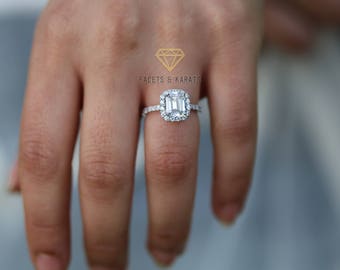 2.5 Carat Emerald Cut Engagement Ring with Halo 14k Solid White Gold Man Made Diamond Simulant, Wedding Ring, Bridal Ring, Square Halo Ring