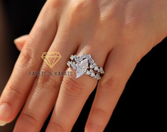 18K White Gold Unique Marquise Engagement Ring Set Wedding Ring with Wedding Band Simulated Diamonds Moissanite by Facets and Karats on Etsy