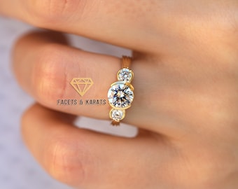 Half Bezel Set Three Stone Ladies Engagement Ring 14K Yellow Gold Promise Ring For Her Womens Anniversary Ring, Wedding Bridal Proposal Ring