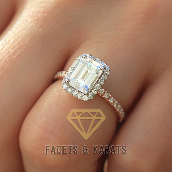 Emerald Cut Moissanite Engagement Ring, Emerald Cut Ring, Halo Engagement Ring, 2.25 Ct Solid 10k/14k Gold Two Tone Engagement Ring