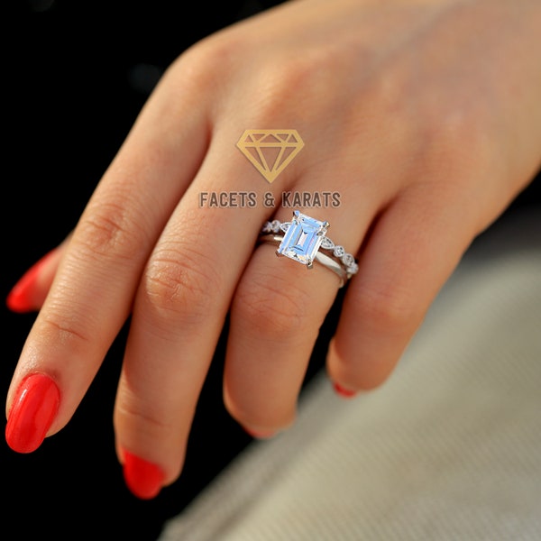 Emerald Cut Solitaire Engagement Ring Art Deco Marquise Dot Beaded Milgrain Scalloped Wedding Band in 14K Solid White Gold Facets and Karats