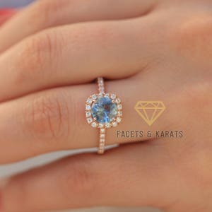 Aquamarine Engagement Ring in 14k Solid Rose Gold Cushion Halo with Round Cut Gemstone Wedding Promise Ring on etsy by FACETS and KARATS