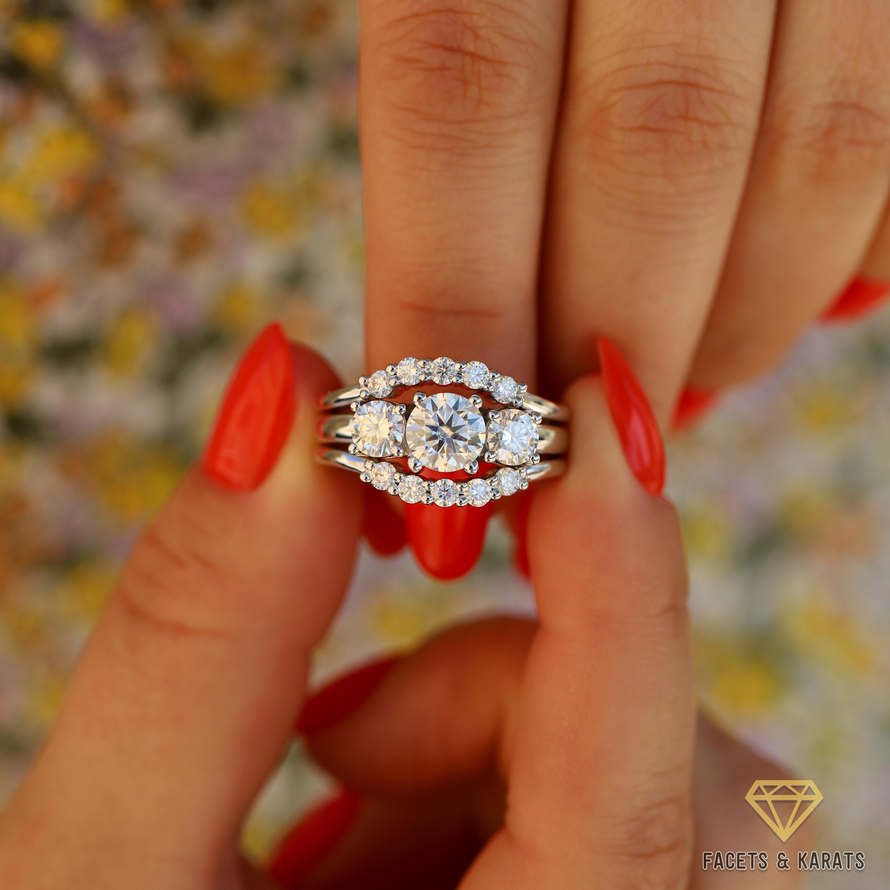 Slightly Rounded Ring Band Moissanite Bridal Ring Set of 3 Rings, Round Cut 3-stone Engagement ...
