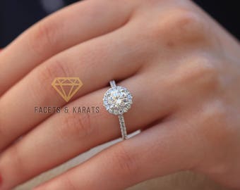 18k SOLID White Gold Man Made Diamond Engagement Ring 1.5 Carat Round Cut Halo Wedding Ring, Womens Bridal Ring by Facets and Karats on Etsy