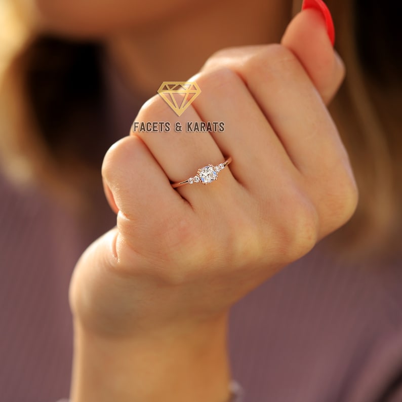 14K Rose Gold Womens Promise Ring For Her, Cushion Cut Minimalist Engagement Ring, Wedding Ring, Diamond Alternative Simulated Diamond Ring image 7