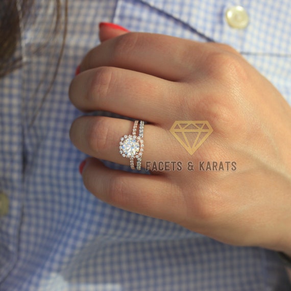 Facets Karats Round Cut Engagement Ring With Half Eternity Wedding Band Bridal Set in Solid 14K Rose Gold and White Gold 2.50 Carats Etsy